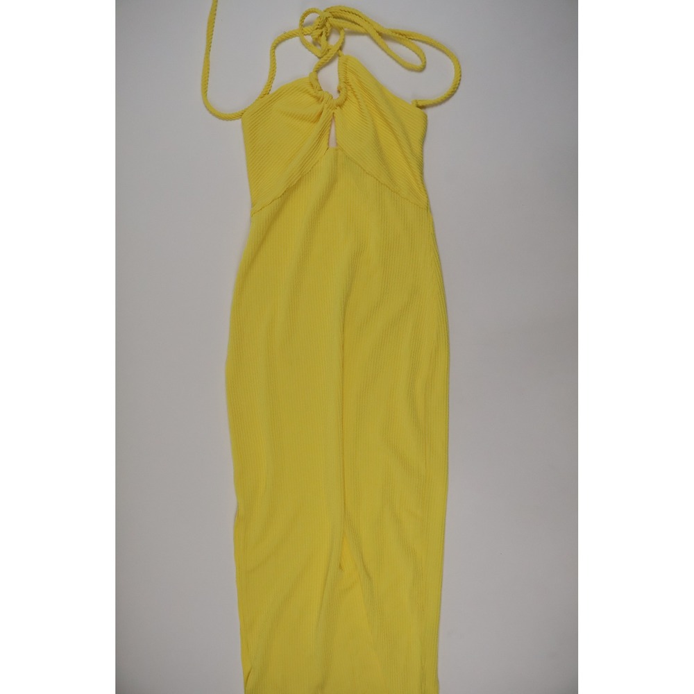 Jolie & Joy Halter Midi Dress Yellow Textured Twist Front Keyhole Large NEW